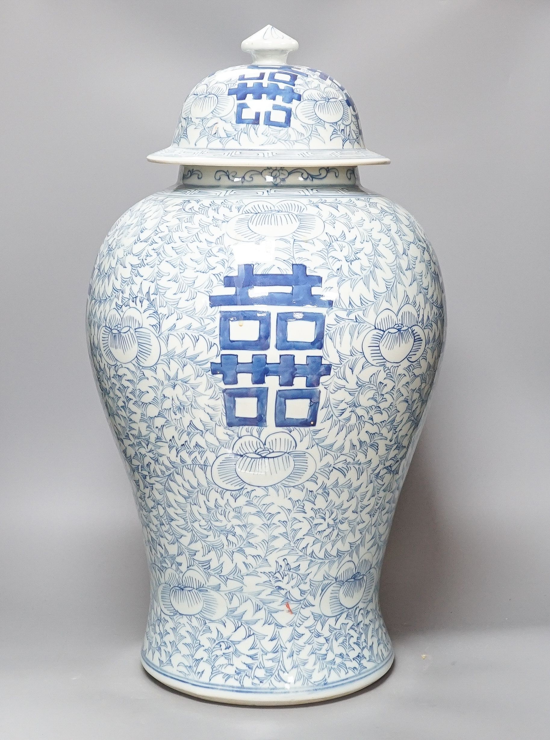 A large 19th century Chinese blue and white ‘Shou’ baluster vase and cover 60cm